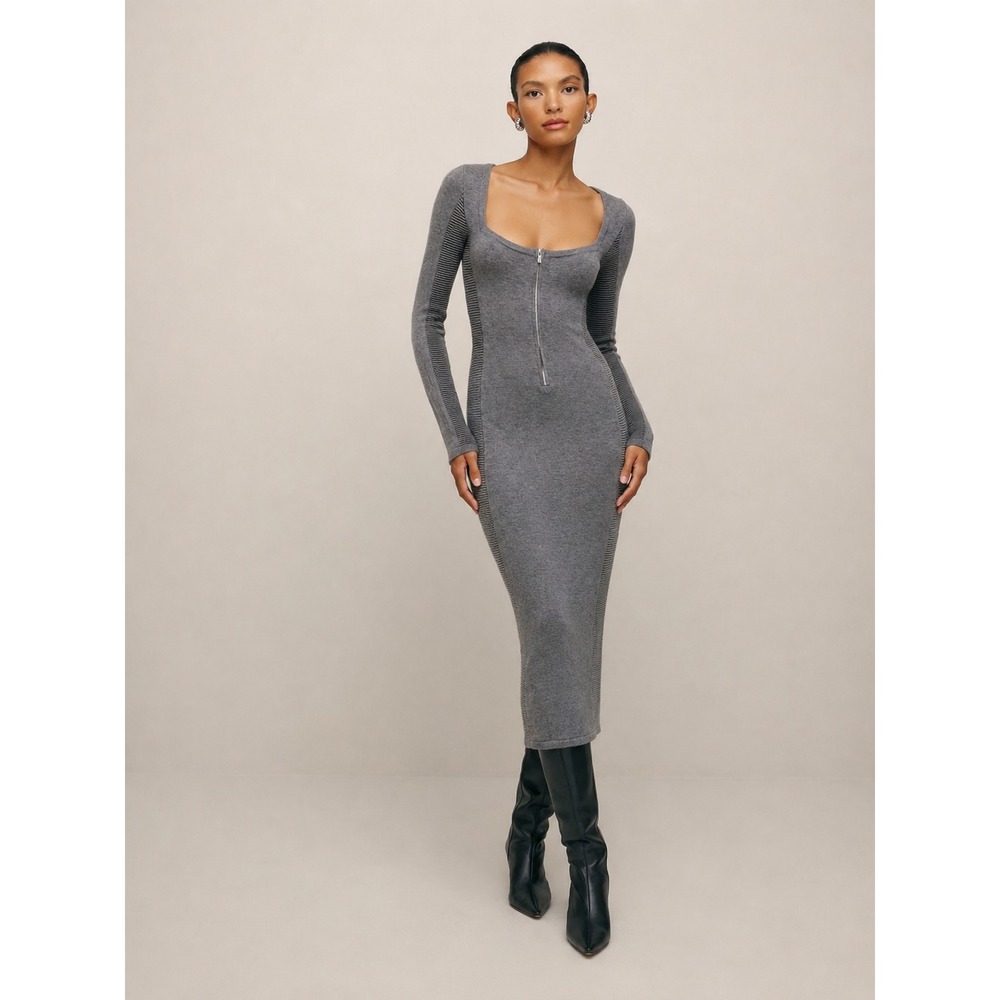 JLUXLABEL Maxi Sweater Dress NWT Sm Gray Zip Front Rib Knit Bodycon Long Sleeve